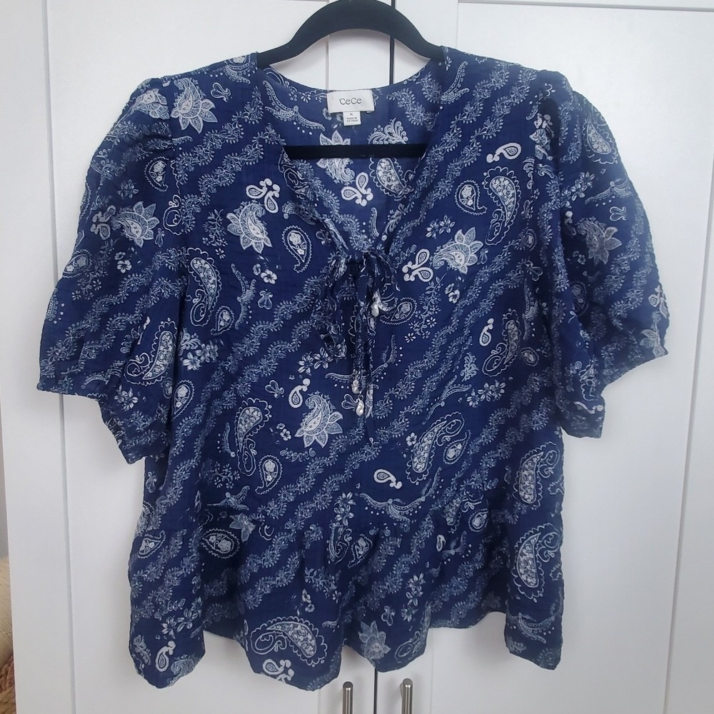 CeCe Blue White Paisley Tie‎ Front Peplum Blouse Short Puff Sleeve XL NEW